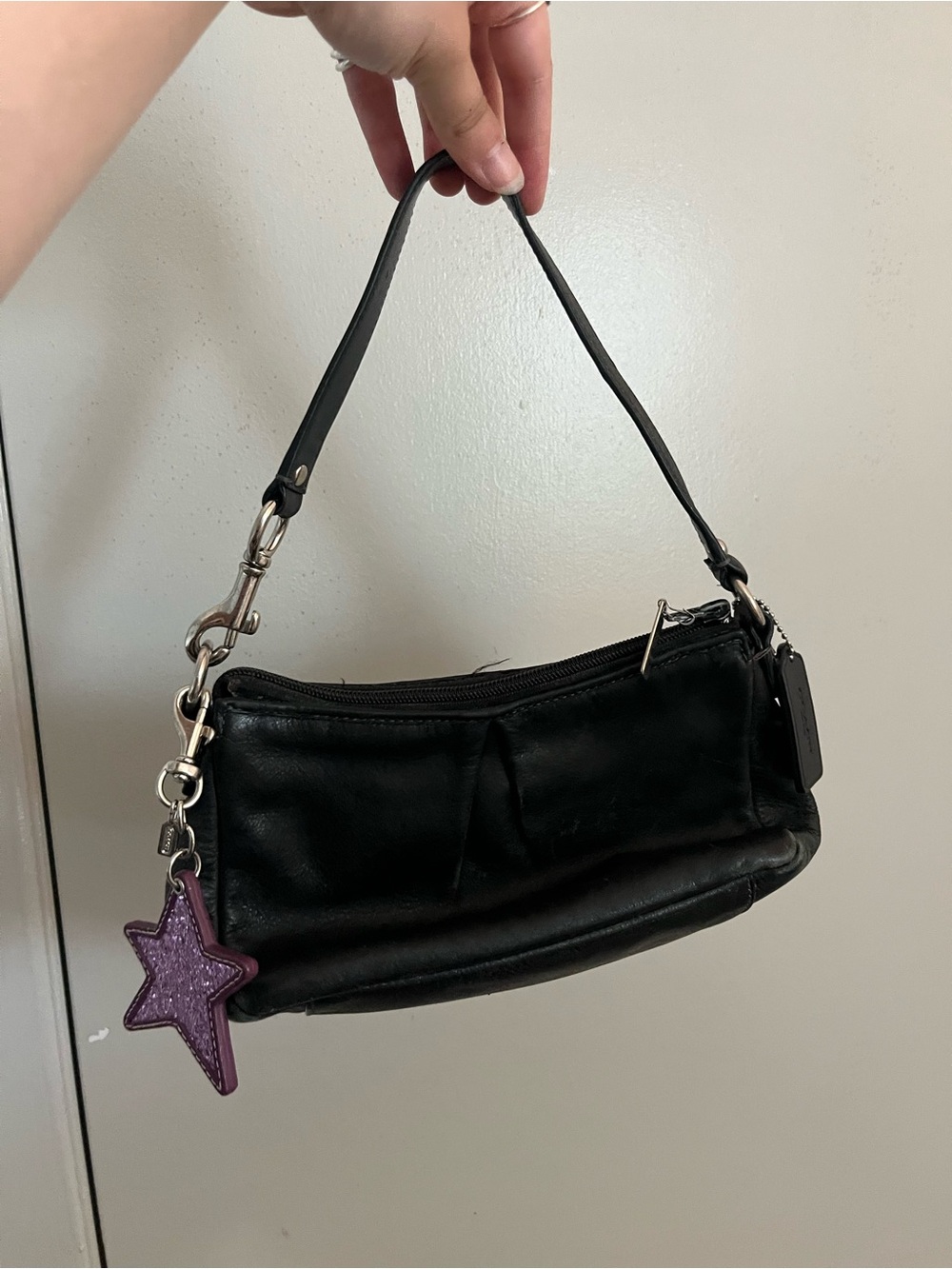 RARE HTF Vintage COACH Purple Glitter Star Leather Bag Charm Key Fob Keychain